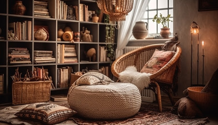 Cozy modern living room with elegant decor and rustic accents generated by artificial intelligenceの素材