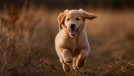 A cheerful golden retriever running in the meadow, pure happiness generated by artificial intelligenceの素材