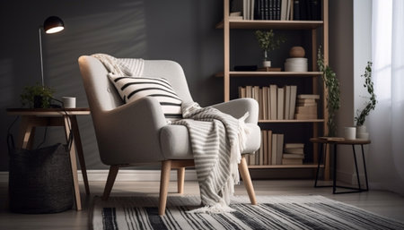 Modern domestic room with comfortable chair, striped pillow, and elegant decor generated by artificial intelligenceの素材