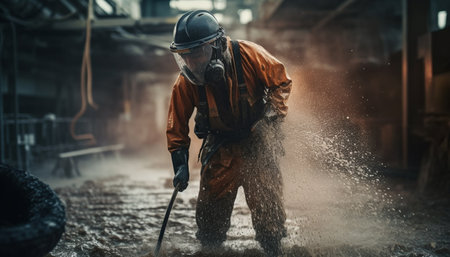 One man welding metal in protective suit, spraying sparks everywhere generated by artificial intelligenceの素材