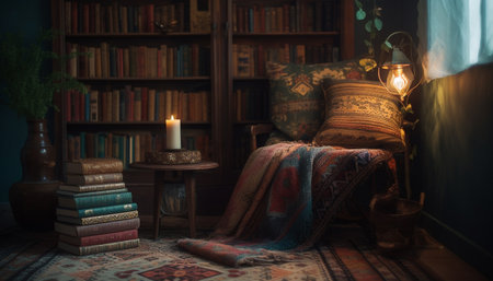 Cozy bedroom with modern bookshelf, antique armoire, and illuminated lantern generated by artificial intelligenceの素材