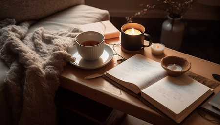 A cozy night in reading by candlelight with hot tea generated by artificial intelligenceの素材
