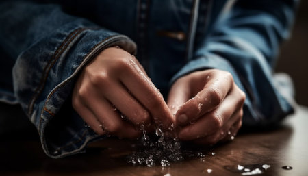 One person holding wet flour, preparing sweet dessert in kitchen generated by artificial intelligenceの素材