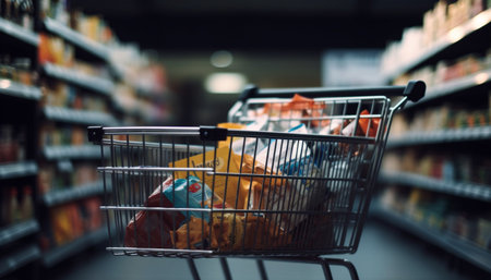One person chooses healthy groceries from a large supermarket shelf generated by artificial intelligenceの素材