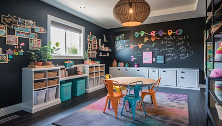 Modern design meets childhood creativity in comfortable playroom space indoors generated by artificial intelligenceの素材