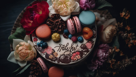 A rustic table with homemade macaroons, candy, and ornate decor generated by artificial intelligenceの素材