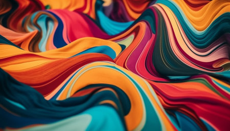 Vibrant silk waves create abstract elegance on striped textile backdrop generated by artificial intelligenceの素材