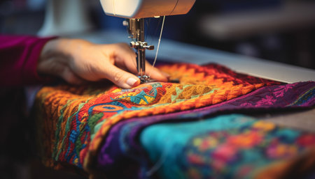 Creative tailor designs multi colored dress using embroidery and wool spool generated by artificial intelligenceの素材