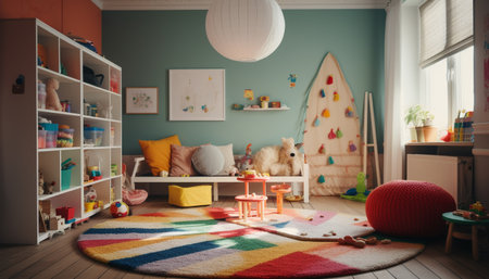 A playful girl sits on a comfortable rug playing with toys generated by artificial intelligenceの素材