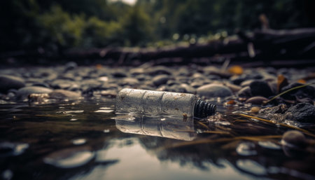 Dirty plastic bottle pollutes tranquil pond, environmental damage evident generated by artificial intelligenceの素材