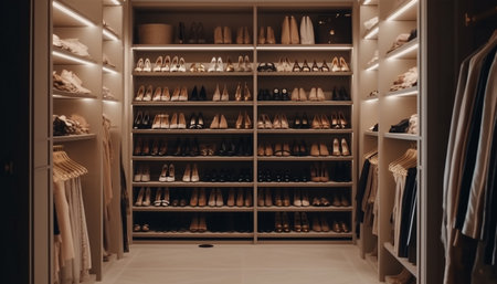 Modern fashion collection in a clean, elegant retail boutique generated by artificial intelligenceの素材