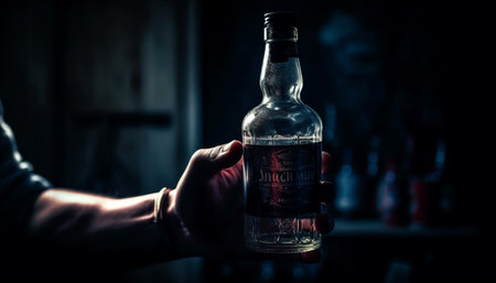A close up of a hand holding a whiskey bottle generated by artificial intelligenceの素材