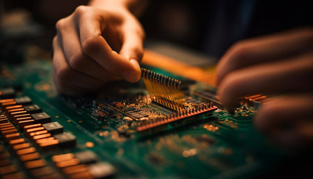 Technician skillfully repairs complex computer chip with selective focus generated by artificial intelligenceの素材