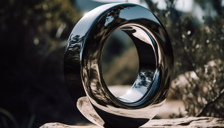 Rusty steel wheel reflects abstract pattern in wet forest environment generated by artificial intelligenceの素材