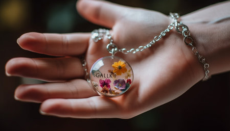 A single person holding a shiny gemstone necklace outdoors generated by artificial intelligenceの素材