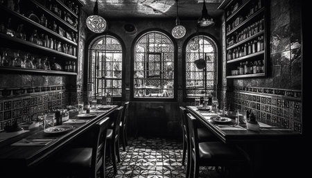 Antique bookshelf in rustic domestic room adds elegance to decor generated by artificial intelligenceの素材