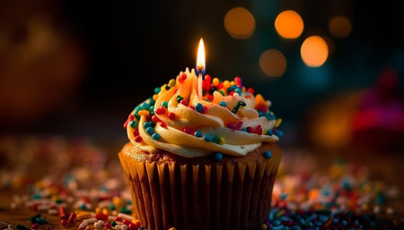 Celebrate with a gourmet cupcake, topped with vibrant icing and candy generated by artificial intelligenceの素材
