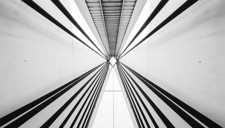 Futuristic steel and glass building, vanishing point in background generated by artificial intelligenceの素材
