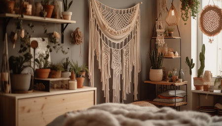 Cozy bedroom with rustic wood flooring and homemade decor accents generated by artificial intelligenceの素材