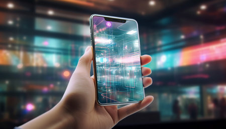 A businessman holding a smart phone, touching success at night generated by artificial intelligenceの素材