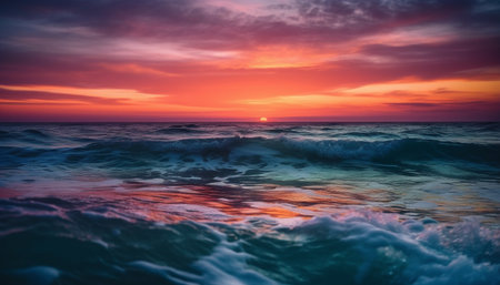 The vibrant sunset sky reflects on the tranquil blue water generated by artificial intelligenceの素材