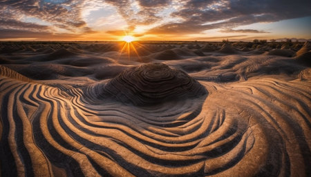 Sunset over majestic sand dunes creates abstract pattern in nature generated by artificial intelligenceの素材