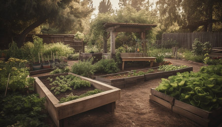 A tranquil scene in a formal garden with modern architecture generated by artificial intelligenceの素材