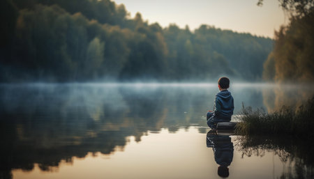 One person standing, reflecting on tranquil sunset over serene pond generated by artificial intelligenceの素材