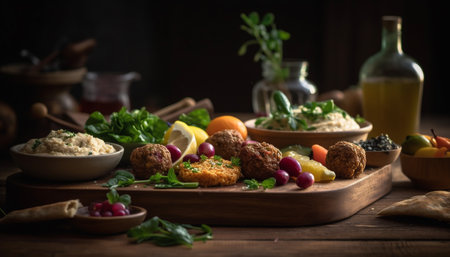 A gourmet seafood appetizer on a rustic wooden table generated by artificial intelligenceの素材