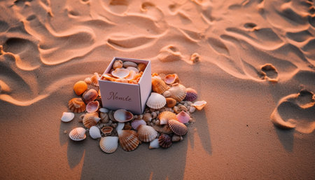 A tropical day journey, heat wave, yellow sunset, seashell souvenir generated by artificial intelligenceの素材