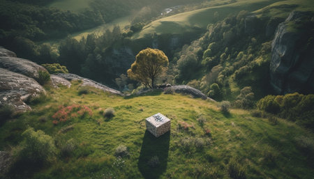 Hiking through majestic mountain range, enjoying panoramic beauty in nature generated by artificial intelligenceの素材