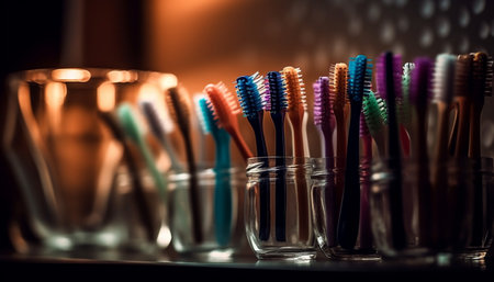 Vibrant toothbrush collection in a row, promoting dental health care generated by artificial intelligenceの素材