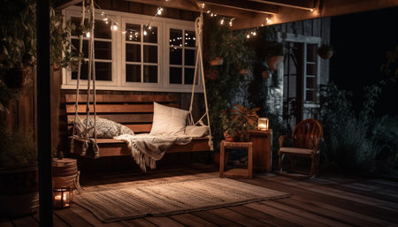 A cozy, modern bedroom with wooden accents and illuminated window generated by artificial intelligenceの素材