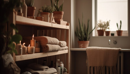 Aromatherapy candle and fresh flowers enhance luxurious spa treatment generated by artificial intelligenceの素材