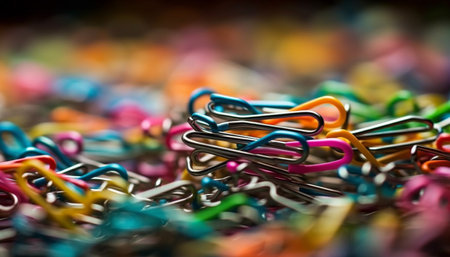 A colorful collection of office equipment paper clips, binder clips, and rings generated by artificial intelligenceの素材