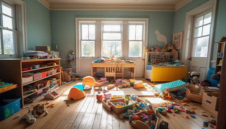 Playing on hardwood floor, girls create colorful craft decorations generated by artificial intelligenceの素材