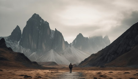 One person standing on mountain peak, admiring beauty in nature generated by artificial intelligenceの素材