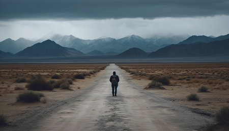 A determined businessman cycling through extreme terrain, enjoying solitude generated by artificial intelligenceの素材