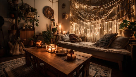 A cozy, modern bedroom illuminated by an electric lamp and candle generated by artificial intelligenceの素材