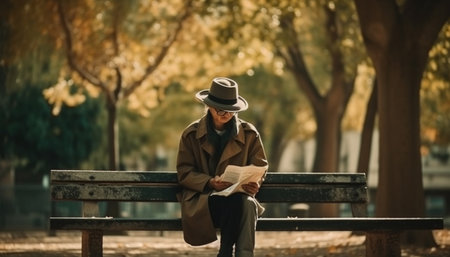 One man sitting on bench, reading book, enjoying solitude generated by artificial intelligenceの素材