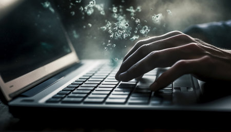 Businessman typing emails on laptop, using wireless technology for communication generated by artificial intelligenceの素材