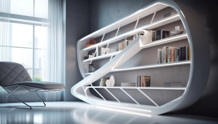 Modern bookshelf design in empty library with bright blue flooring generated by artificial intelligenceの素材