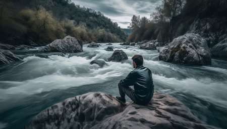 One person, a businessman, sitting on a rock meditating generated by artificial intelligenceの素材