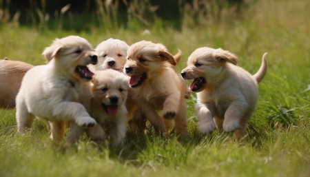 Playful puppy runs through meadow with smiling family in springtime generated by artificial intelligenceの素材