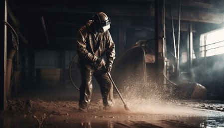 One skilled welder in protective gear spraying molten metal indoors generated by artificial intelligenceの素材