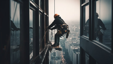 The skilled engineer in hardhat stands, reflecting on city success generated by artificial intelligenceの素材