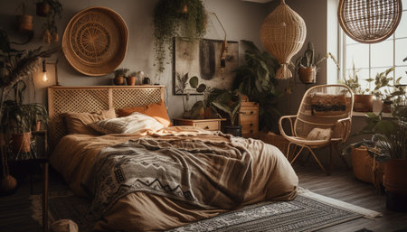Cozy bedroom with rustic wood bed, comfortable pillow, and elegant decor generated by artificial intelligenceの素材