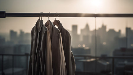 Modern businessman hangs fashionable jacket in backlit skyscraper office generated by artificial intelligenceの素材