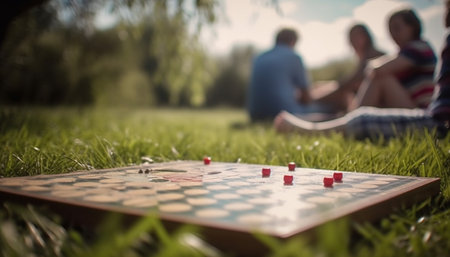 Friends enjoy leisure games and teamwork on grassy lawn picnic generated by artificial intelligenceの素材