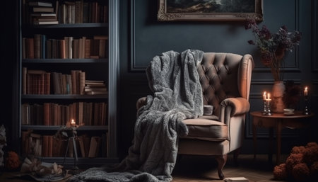 Cozy living room with modern decor, antique bookshelf, and leather chair generated by artificial intelligenceの素材